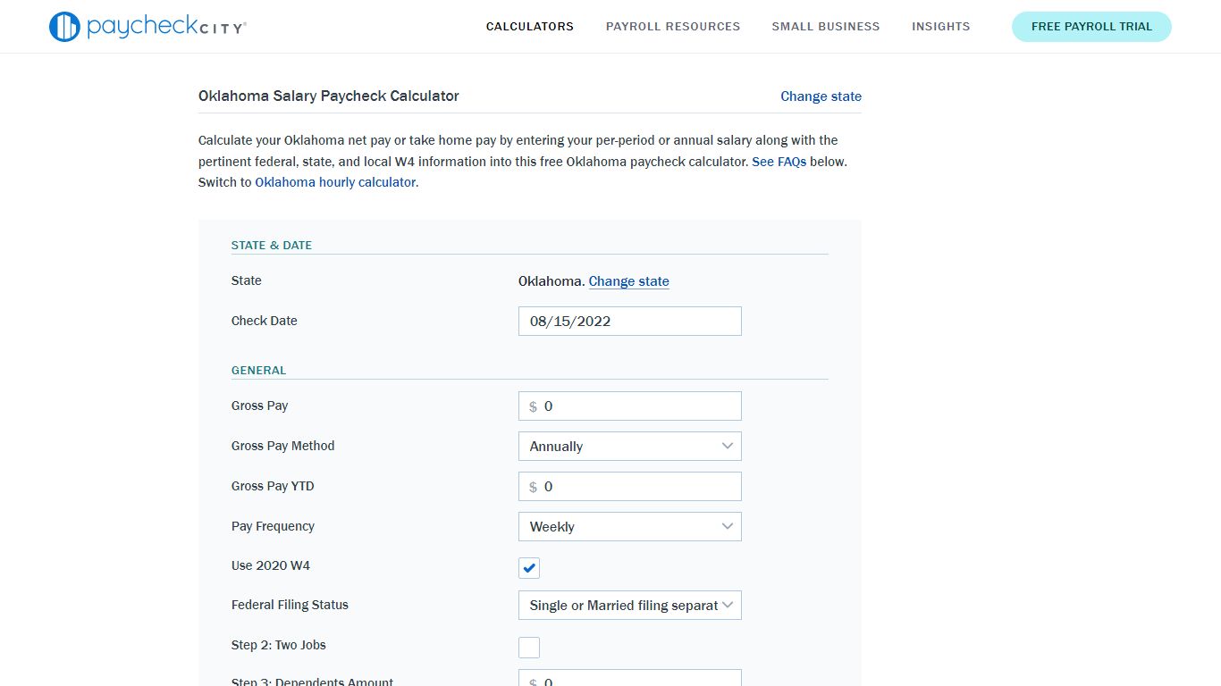 Oklahoma Salary Paycheck Calculator · PaycheckCity